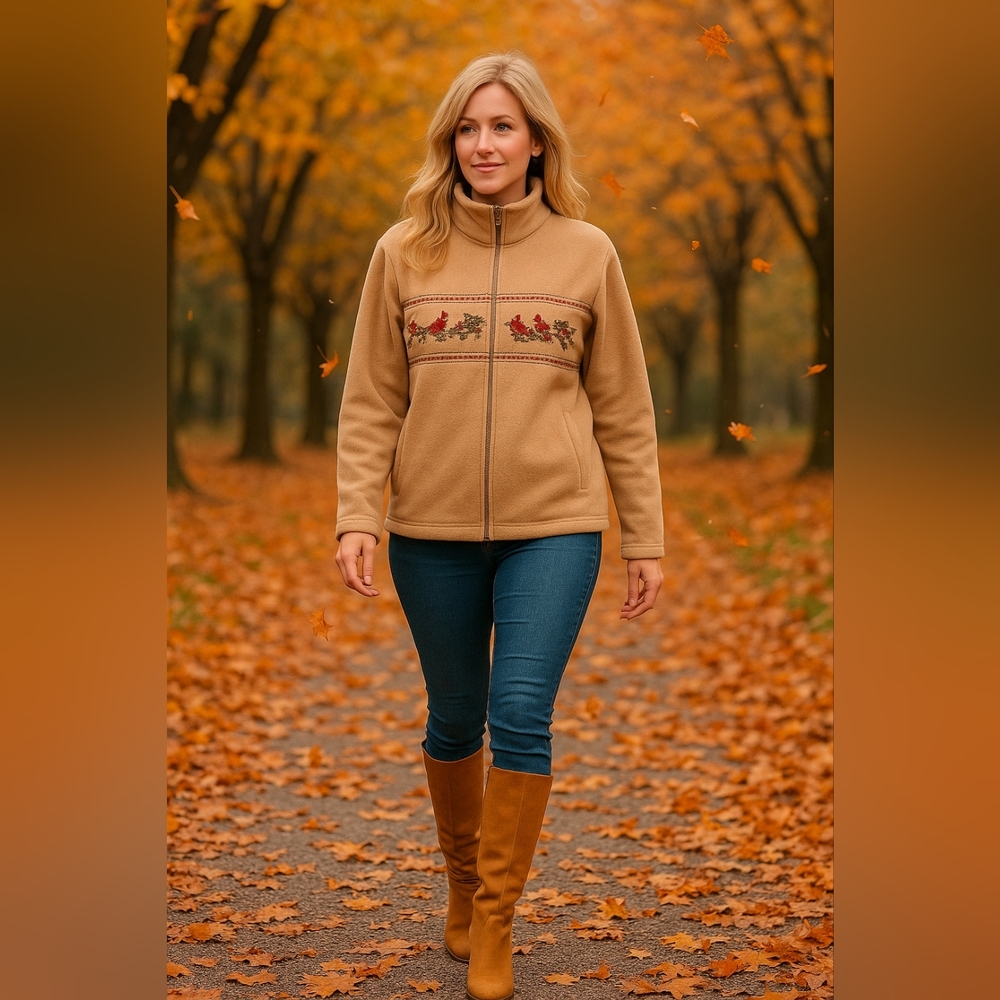 Metropolitan Fleece Jacket Large Beige Embroidered Cardinals Birds Winter Cozy